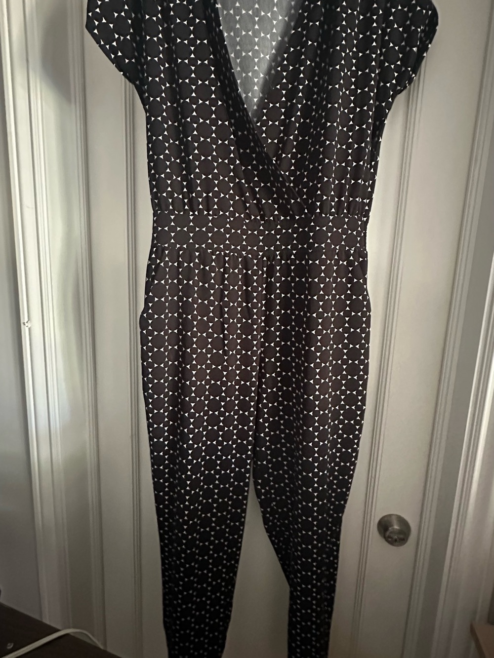 New York & Company Black Jumpsuit with White Dot Geo Print